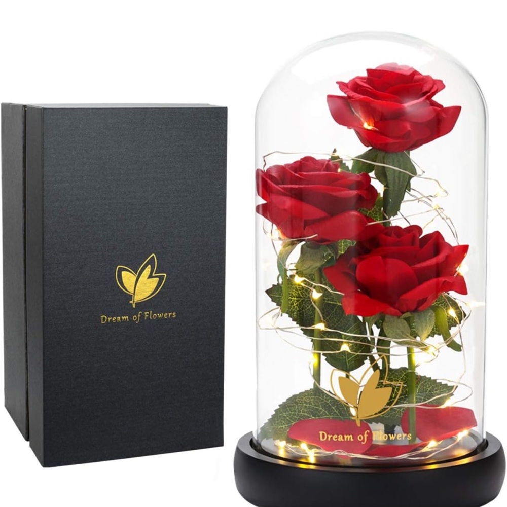 Red Rose Glass Dome with Lights